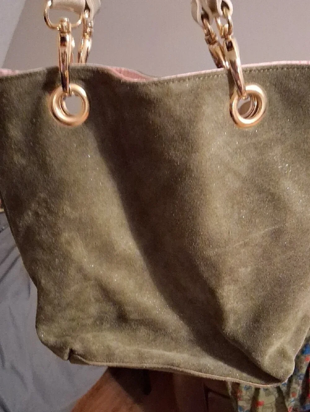 Maurizio Taiuti Olive Suede Tote with Gold Hardware
